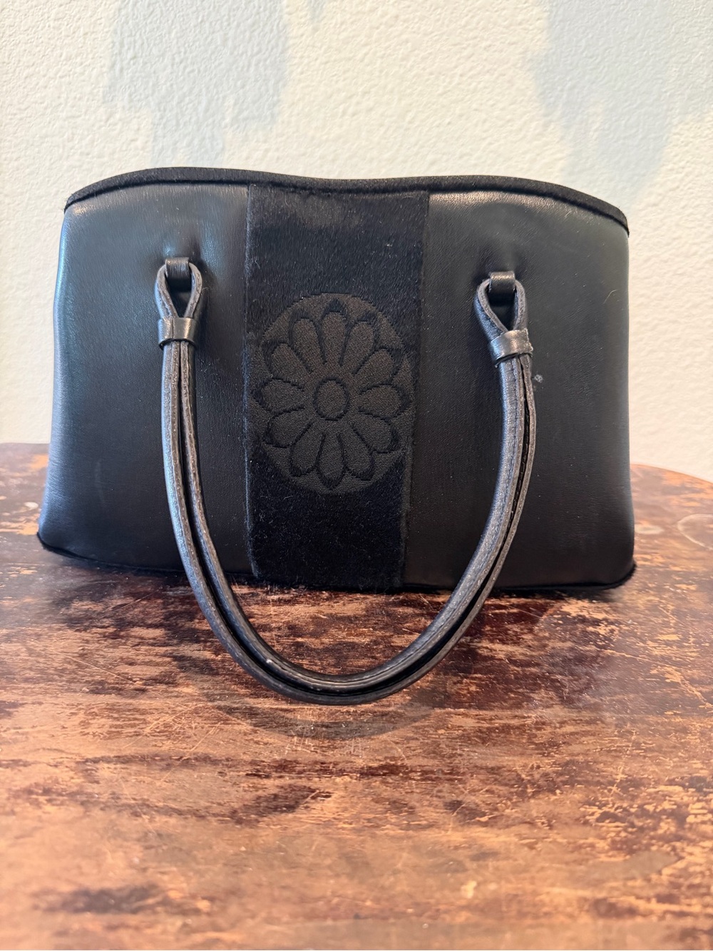 Black Floral-Panel Leather Tote Bag